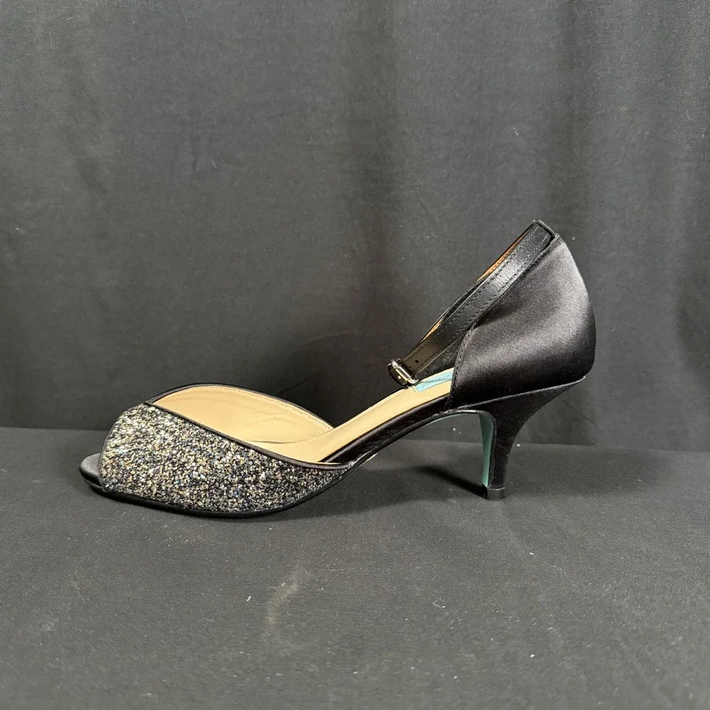 Betsey Johnson SB-RITA Black Glitter Peep Toe Kitten Heels Pumps Womens 8.5M